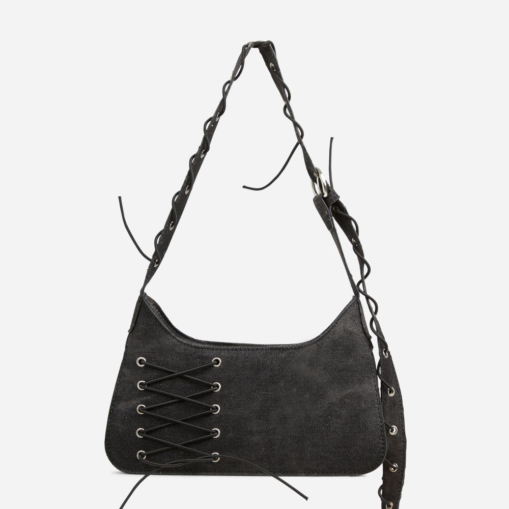 EGO black denim lace up purse - brand new